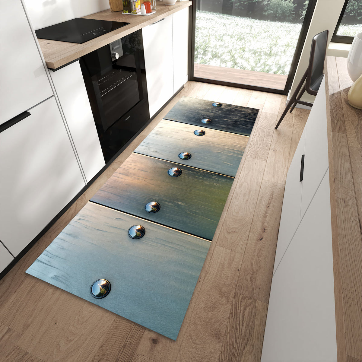 UV-beständiger Bodenläufer mit Motiv Metallene Paneele in moderner Küche