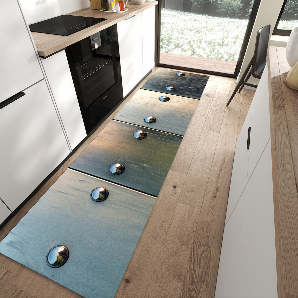 Geräuschdämpfender Teppich für Esstisch mit Motiv Metallene Paneele in moderner Küche