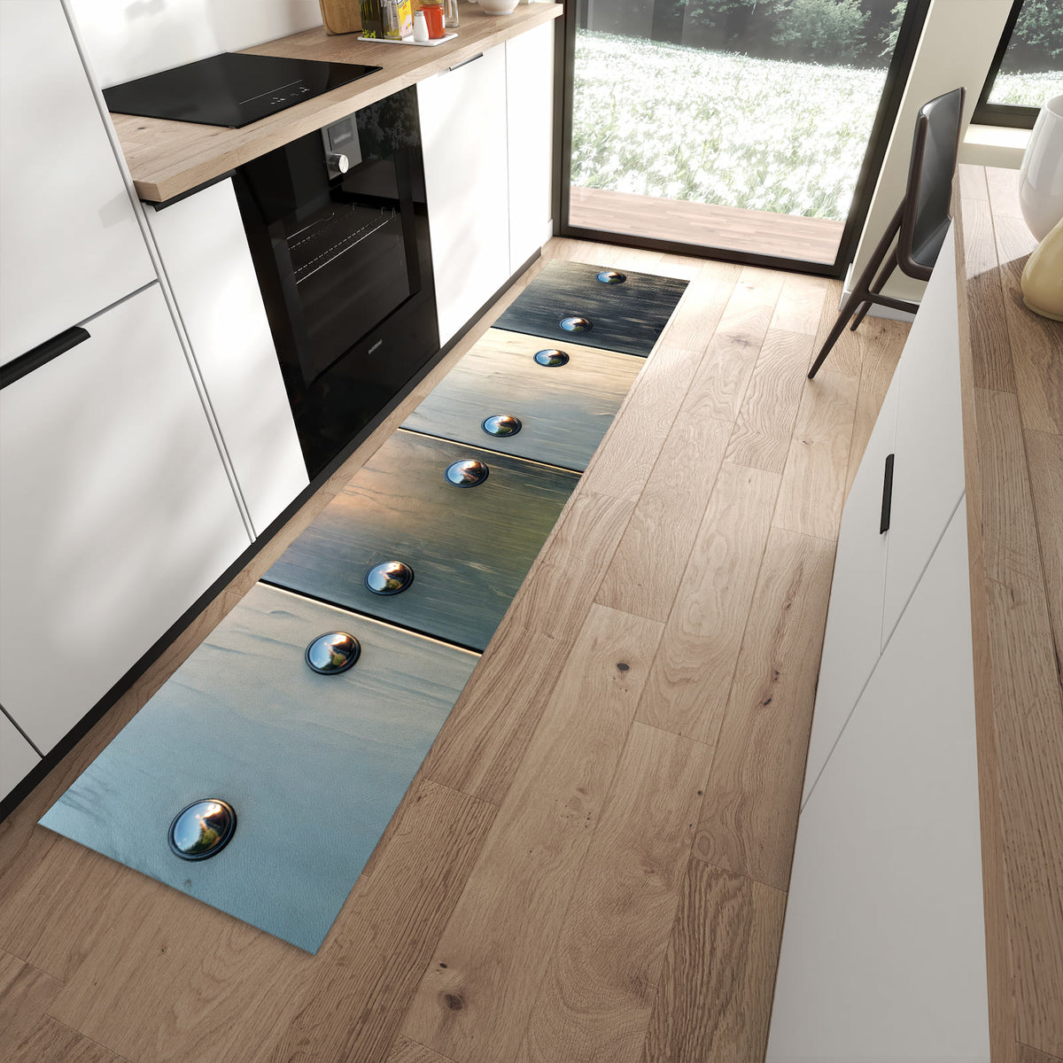 Küchenläufer mit Motiv Metallene Paneele für Ordnung im Eingangsbereich moderner Küche