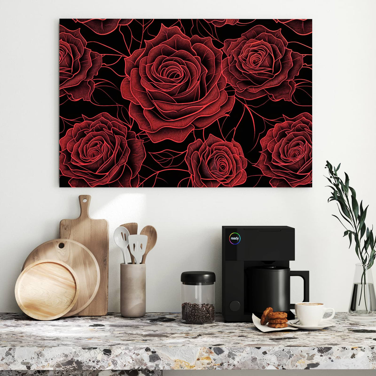 Metall Magnettafel - Rosenmuster in Rot – Skizzierte rote Rosen auf Schwarz