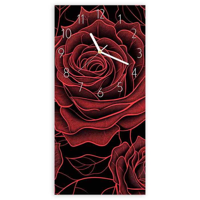 Wanduhr Rosenmuster Schwarz aus Glas – Hochformat 30 × 60 cm mit Ziffernblatt Elegant