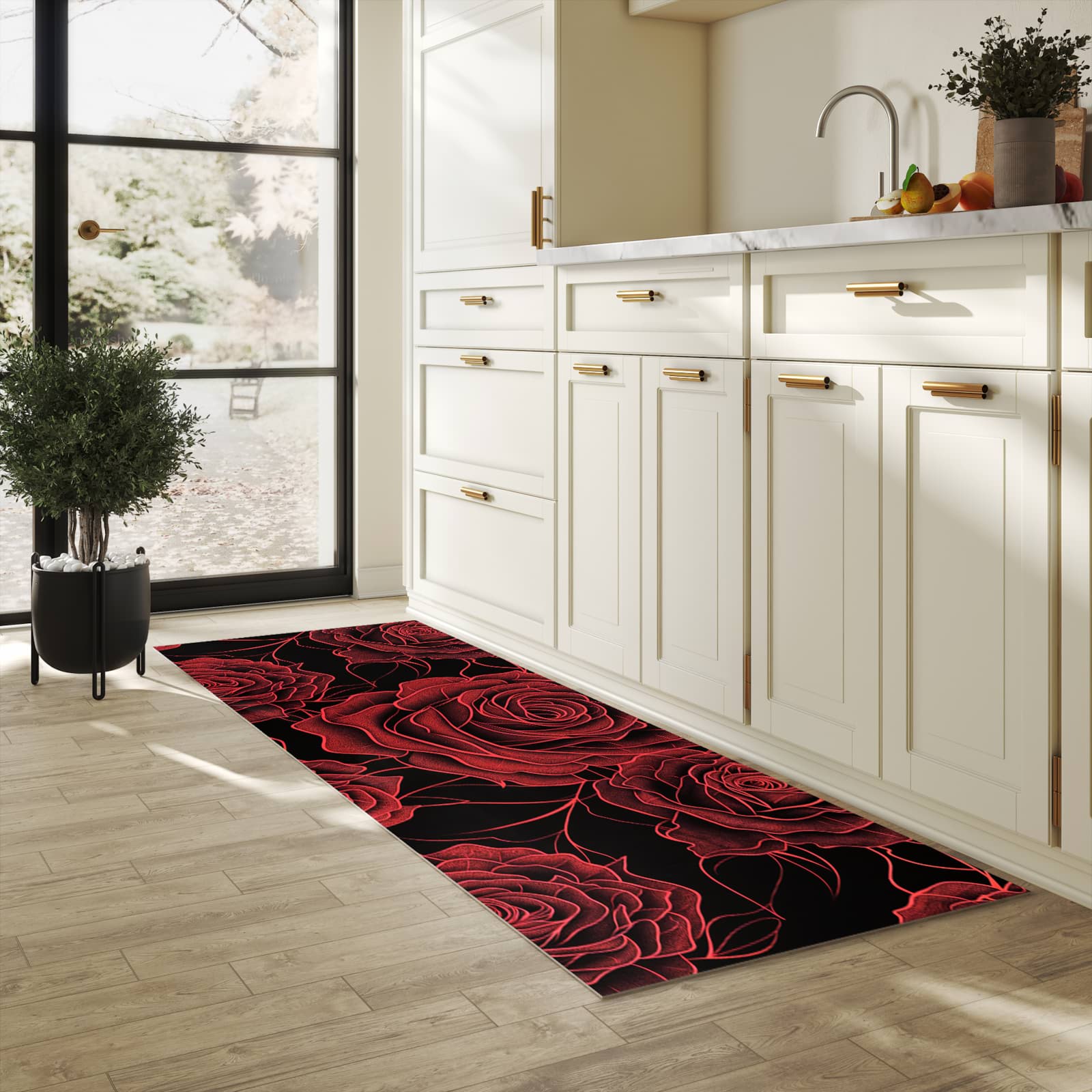 Rutschfester Küchenteppich mit Motiv Rosenmuster Schwarz in heller Küche für sicheren Stand