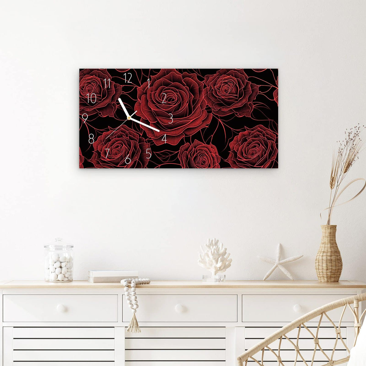 Wanduhr Rosenmuster Schwarz aus Glas – Querformat 60 × 30 cm – Skizzierte rote Rosen auf Schwarz