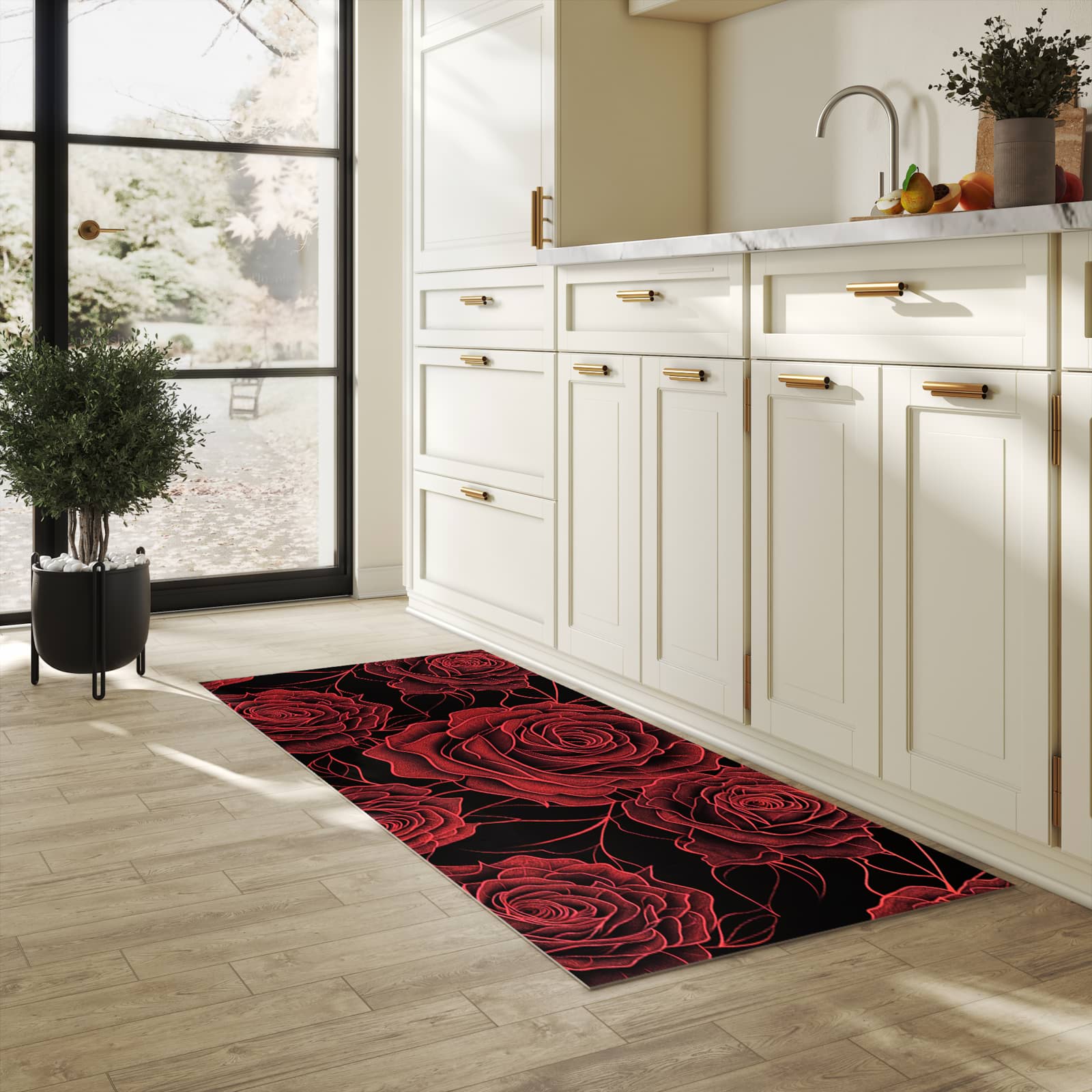 Formstabiler großer Küchenteppich mit Motiv Rosenmuster Schwarz in heller Küche