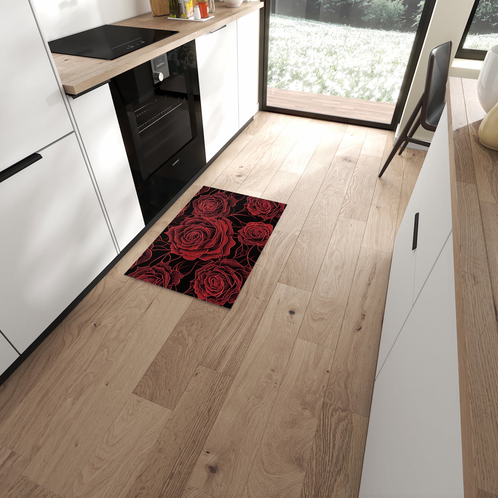 Komfortabler Küchenläufer mit Motiv Rosenmuster Schwarz in moderner Küche