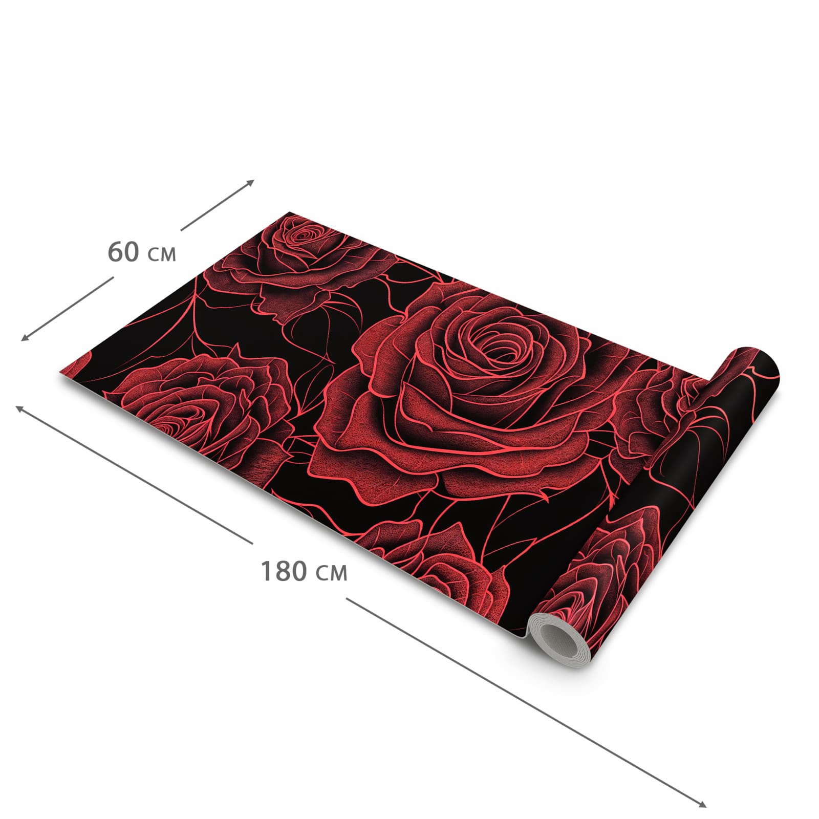 Rutschfester dünner Küchenteppich mit Motiv Rosenmuster Schwarz in der Größe 80x300 cm