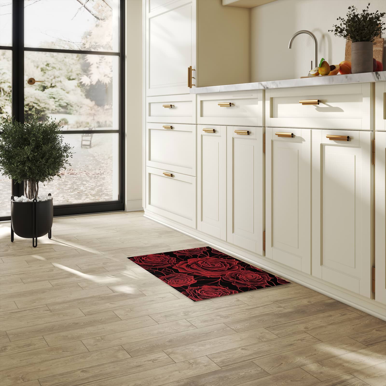 Farbbeständiger waschbarer Küchenteppich mit Motiv Rosenmuster Schwarz in heller Küche