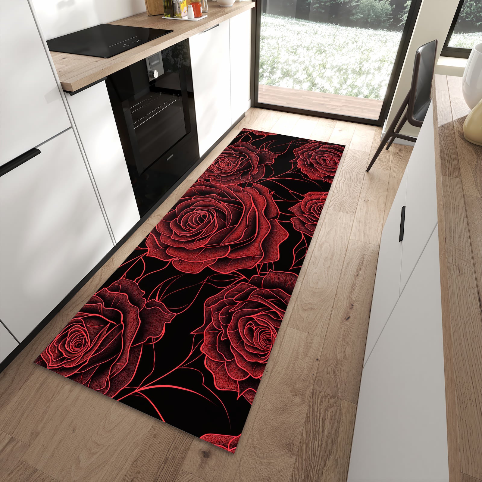 Waschbarer Küchenläufer mit Motiv Rosenmuster Schwarz in moderner Küche