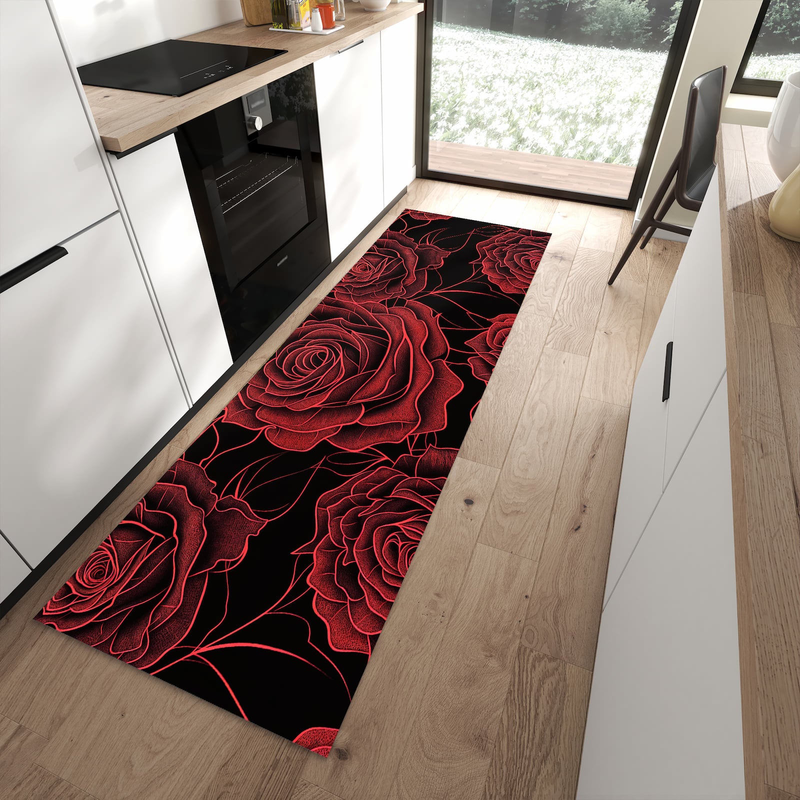 Pflegeleichter Küchenläufer mit Motiv Rosenmuster Schwarz in moderner Küche