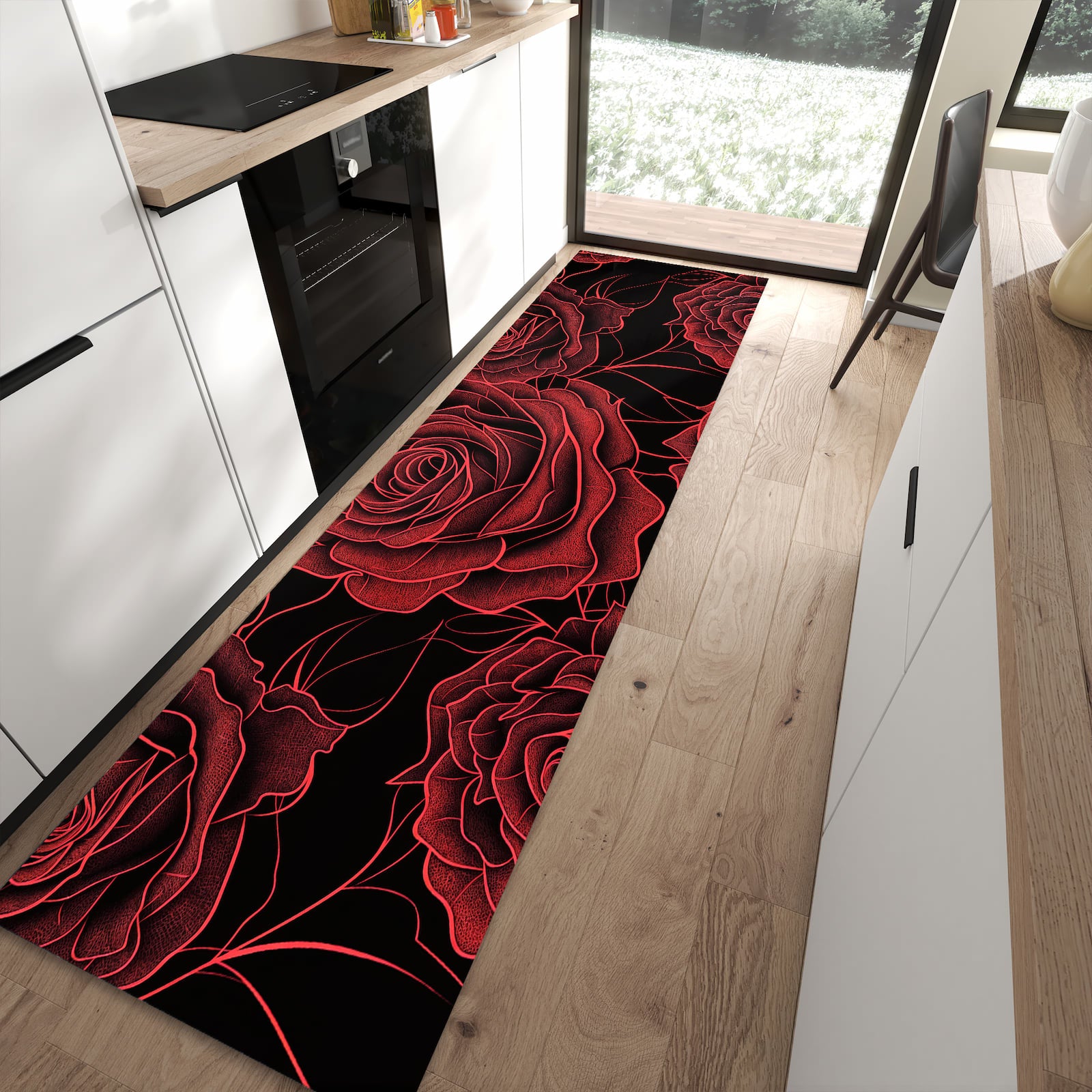 Hygienischer Küchenteppich mit Motiv Rosenmuster Schwarz in moderner Küche - waschbar