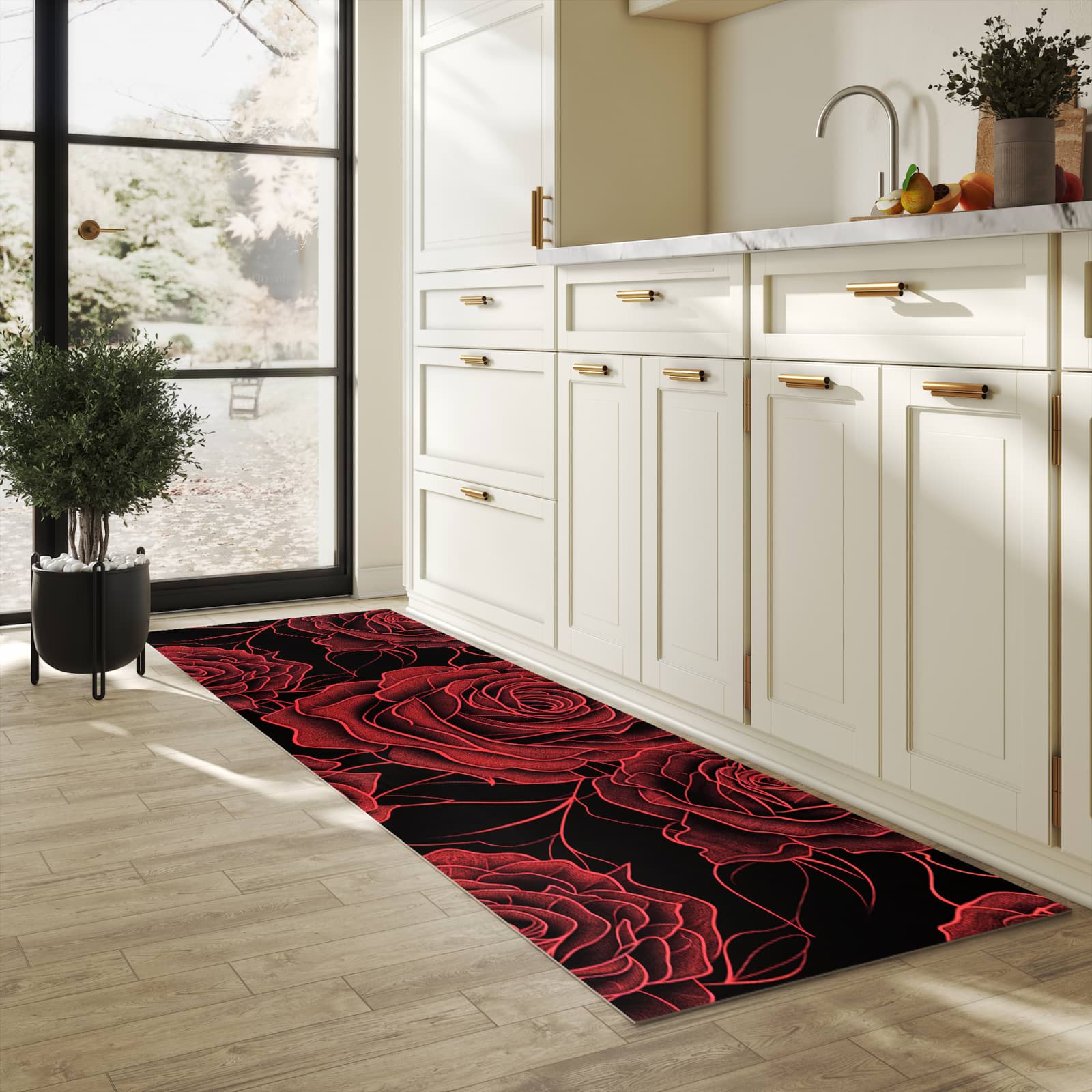 Zeitsparender waschbarer Küchenteppich mit Motiv Rosenmuster Schwarz in heller Küche