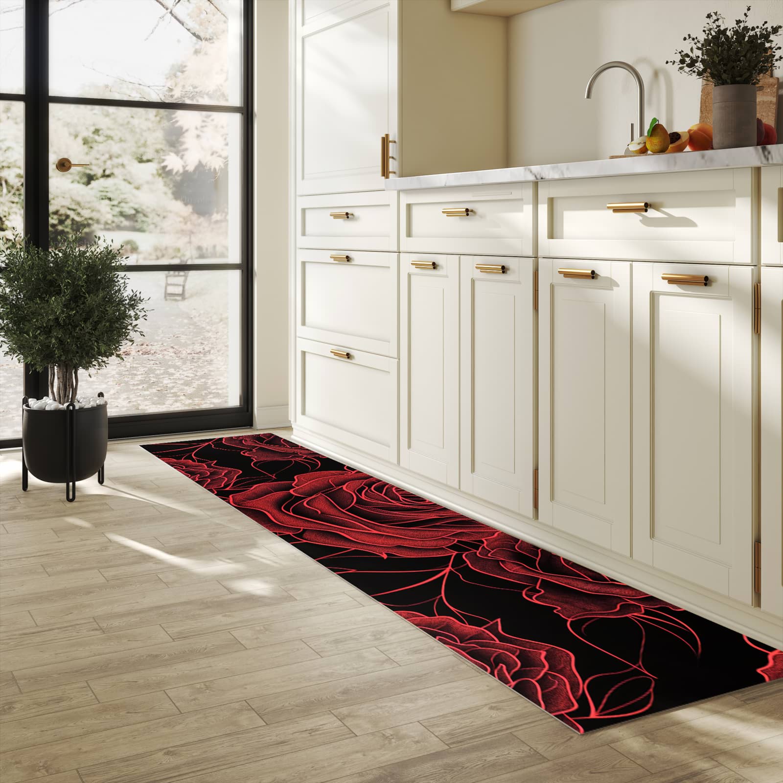 Bodenschonender waschbarer Küchenteppich mit Motiv Rosenmuster Schwarz in heller Küche