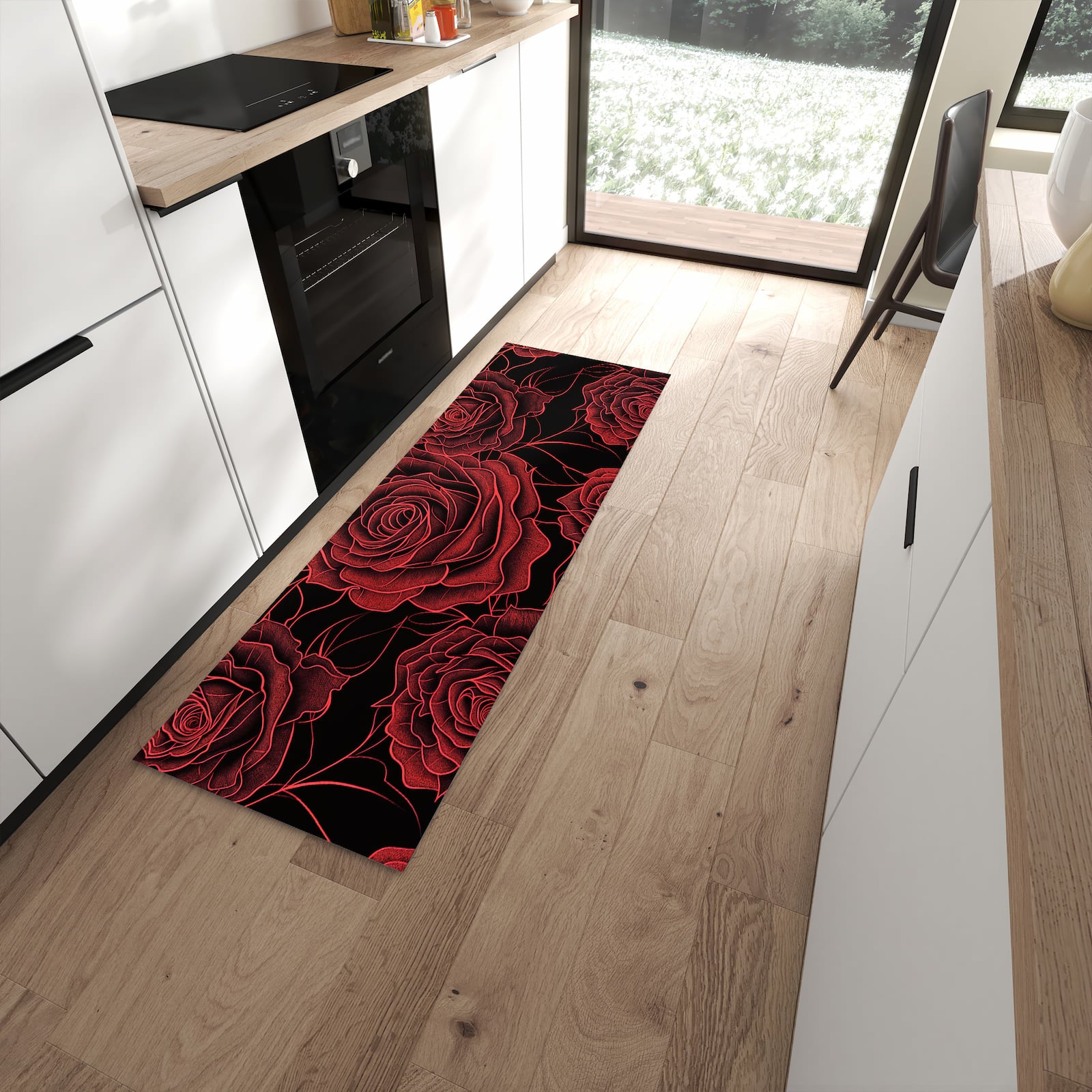 Geruchsneutraler Küchenteppich mit Motiv Rosenmuster Schwarz in moderner Küche