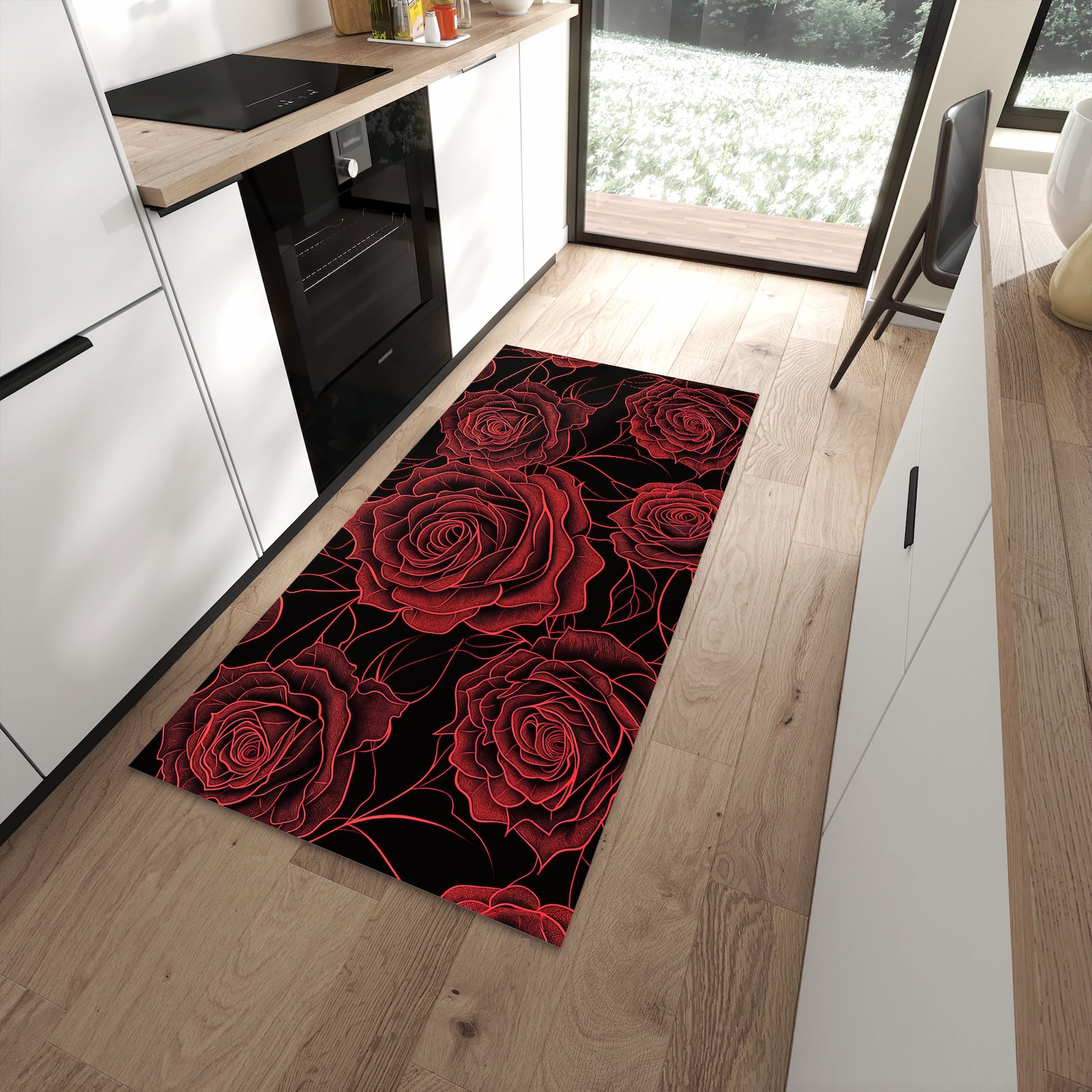 Strapazierfähiger Küchenläufer mit Motiv Rosenmuster Schwarz in moderner Küche