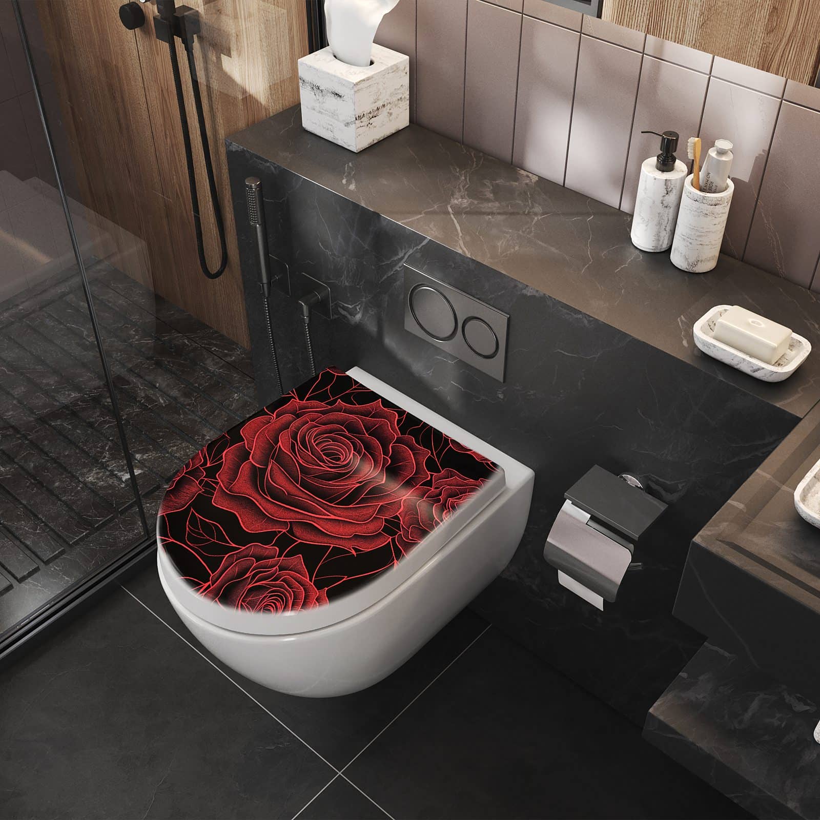 WC-Sitz mit Absenkautomatik Rosenmuster Schwarz