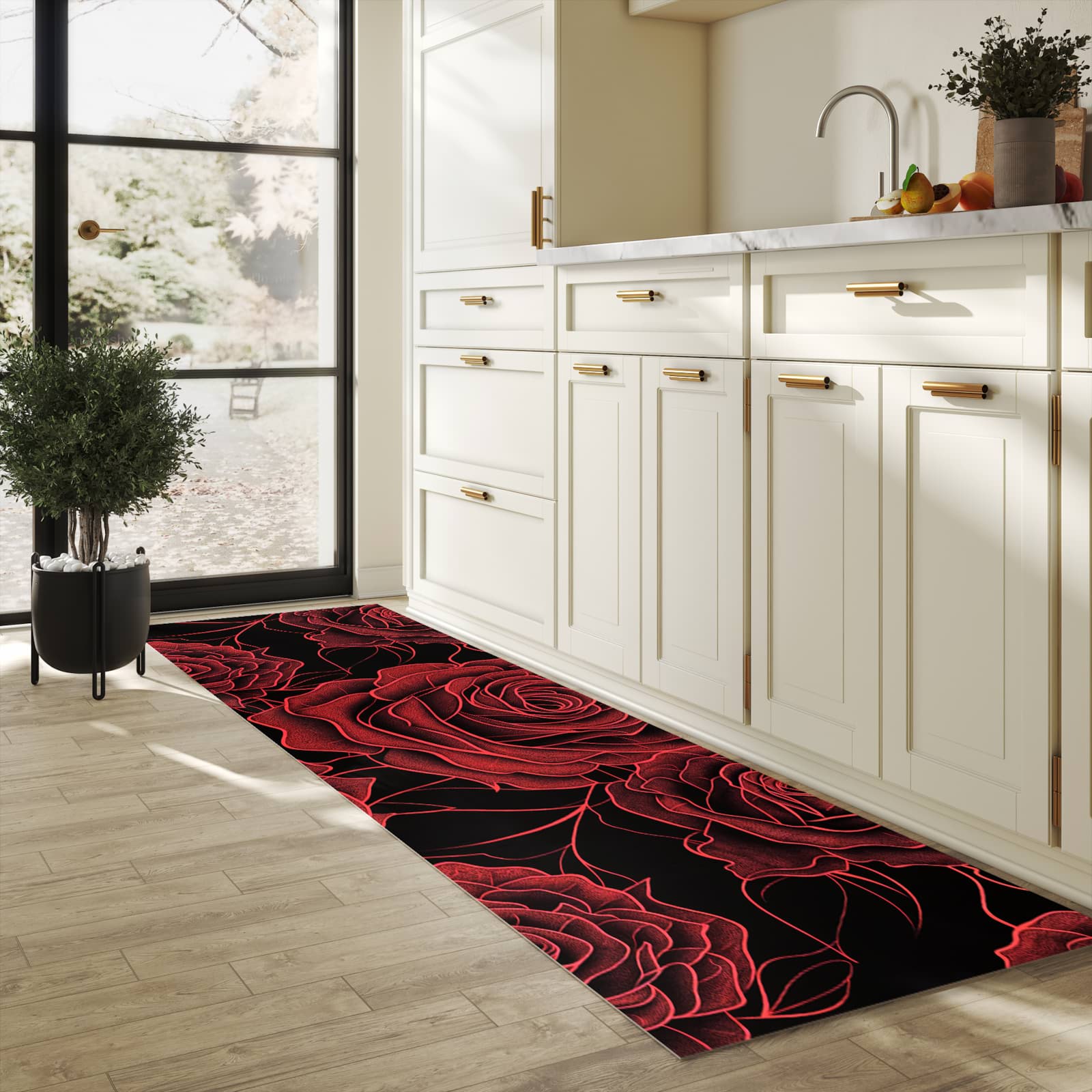 Geräuschdämpfender Küchenläufer mit Motiv Rosenmuster Schwarz in heller Küche