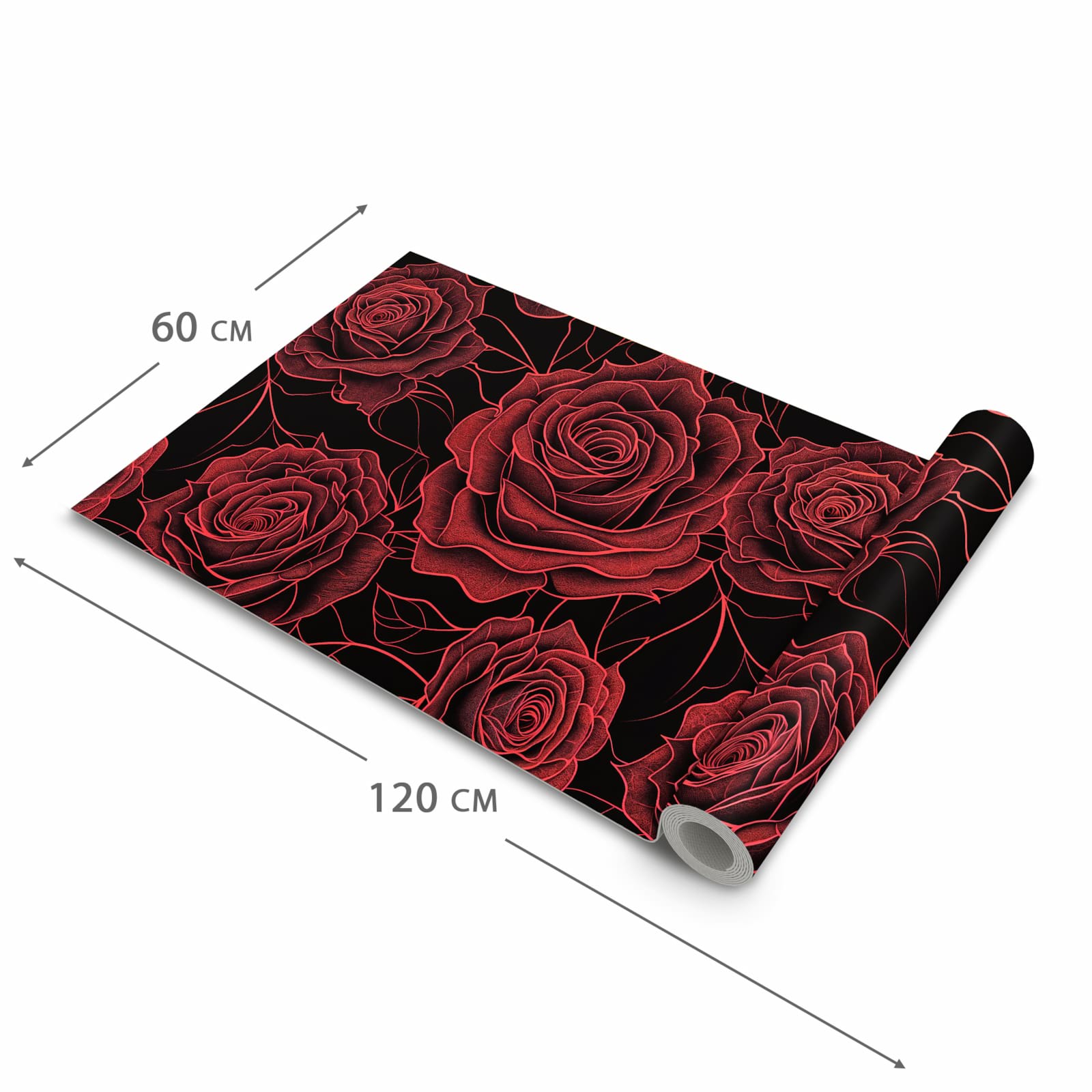 Pflegeleichter dünner Küchenteppich mit Motiv Rosenmuster Schwarz in der Grösse 80x300 cm