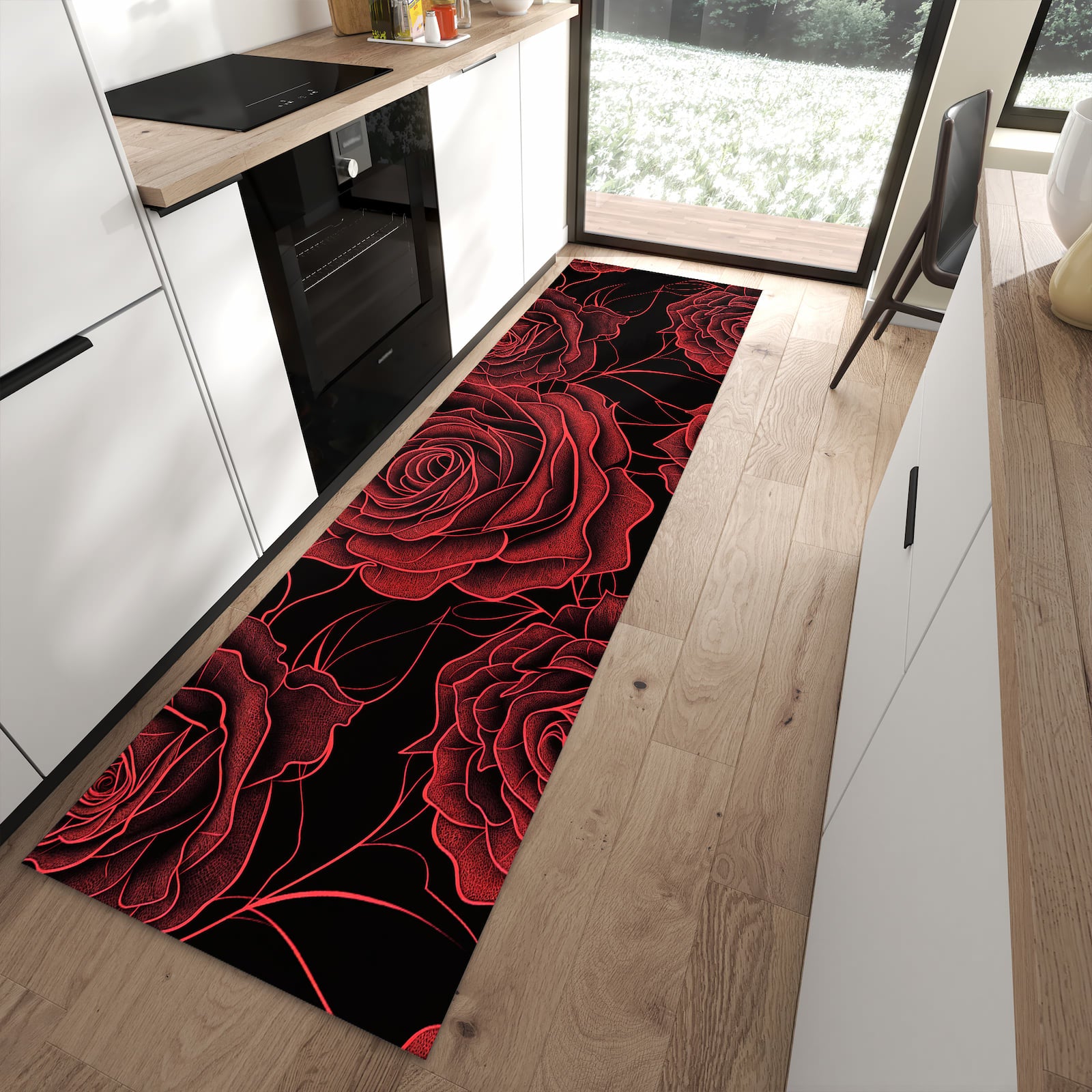 Küchenvorleger mit Motiv Rosenmuster Schwarz für angenehme Haptik in moderner Küche
