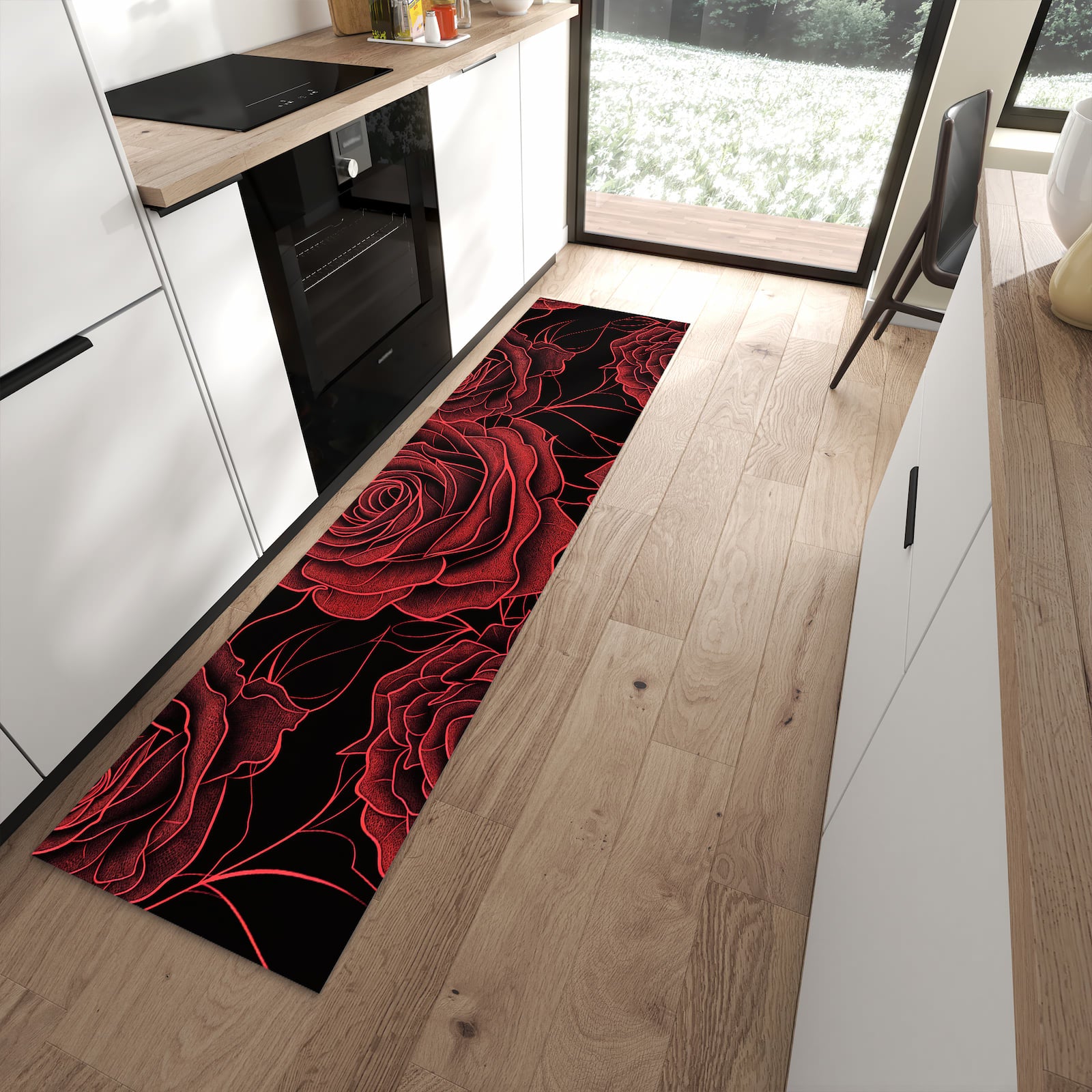 Langlebiger Küchenteppich mit Motiv Rosenmuster Schwarz in moderner Küche