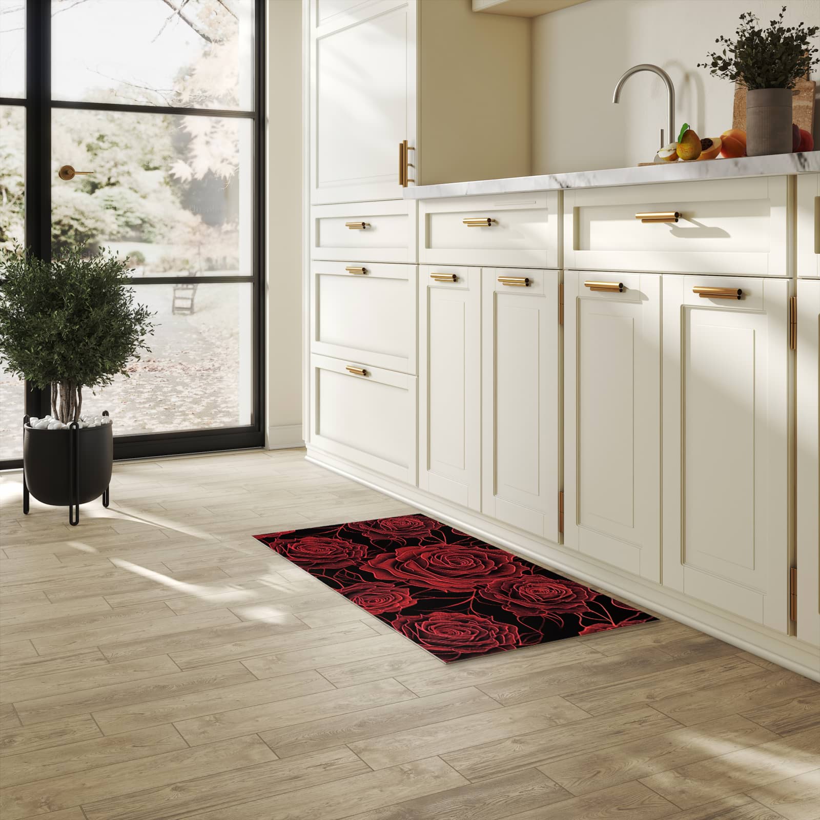 Langlebiger Küchenteppich mit Motiv Rosenmuster Schwarz in heller Küche