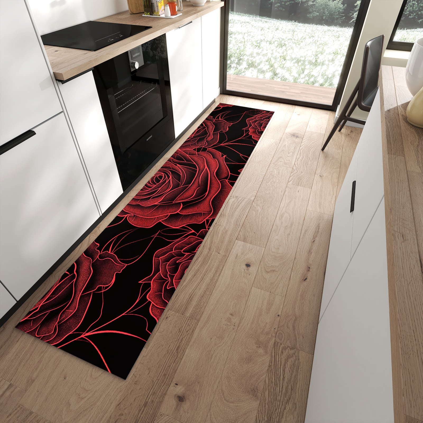 Flacher Küchenteppich mit Motiv Rosenmuster Schwarz in moderner Küche