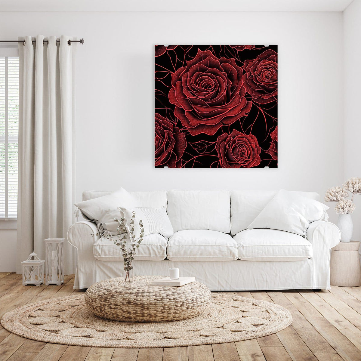 Glasbild Rosenmuster in Rot an der Wand – Grafisch gezeichnete rote Rosen mit Blättern als Muster auf schwarzem Grund