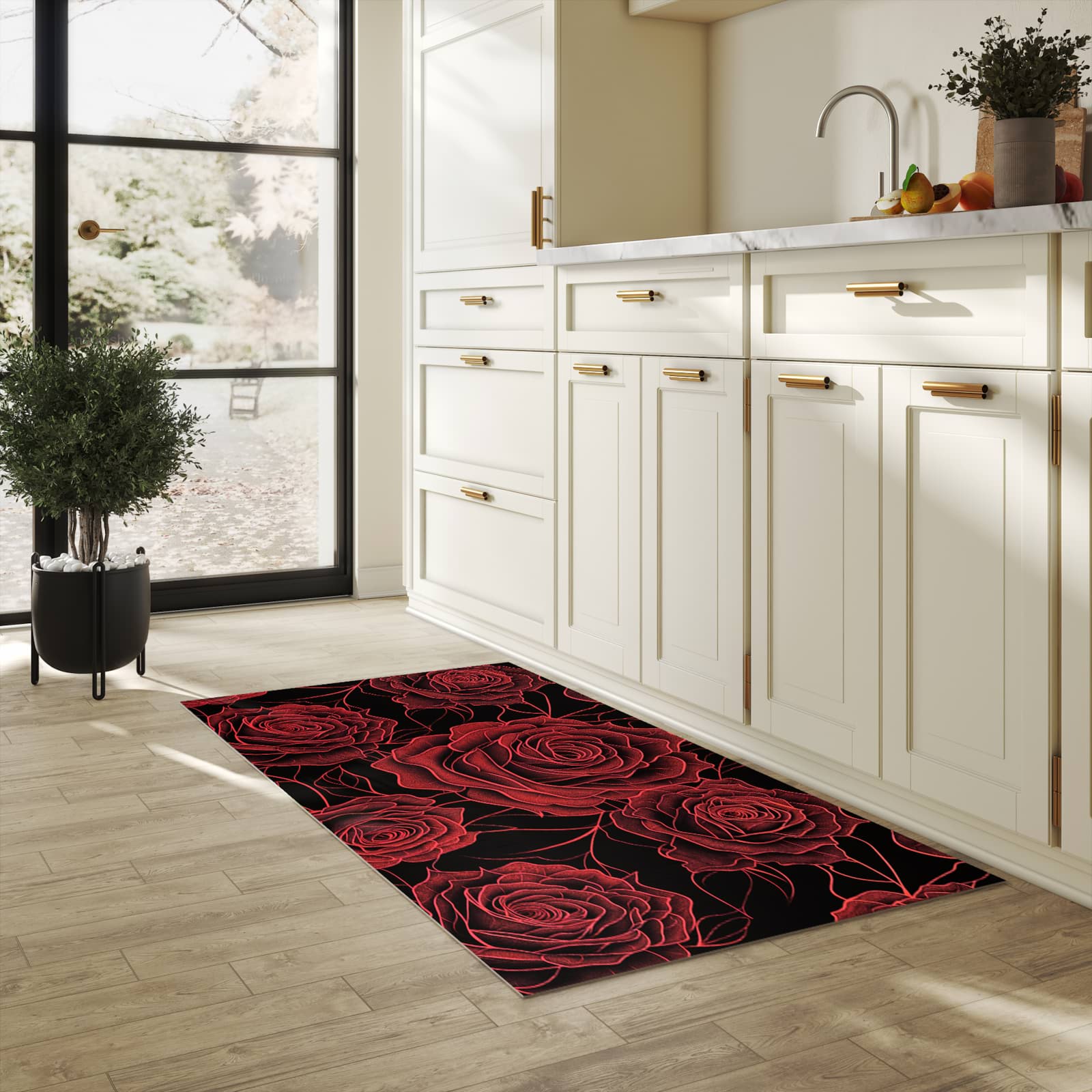 Abriebfester Küchenläufer mit Motiv Rosenmuster Schwarz in heller Küche