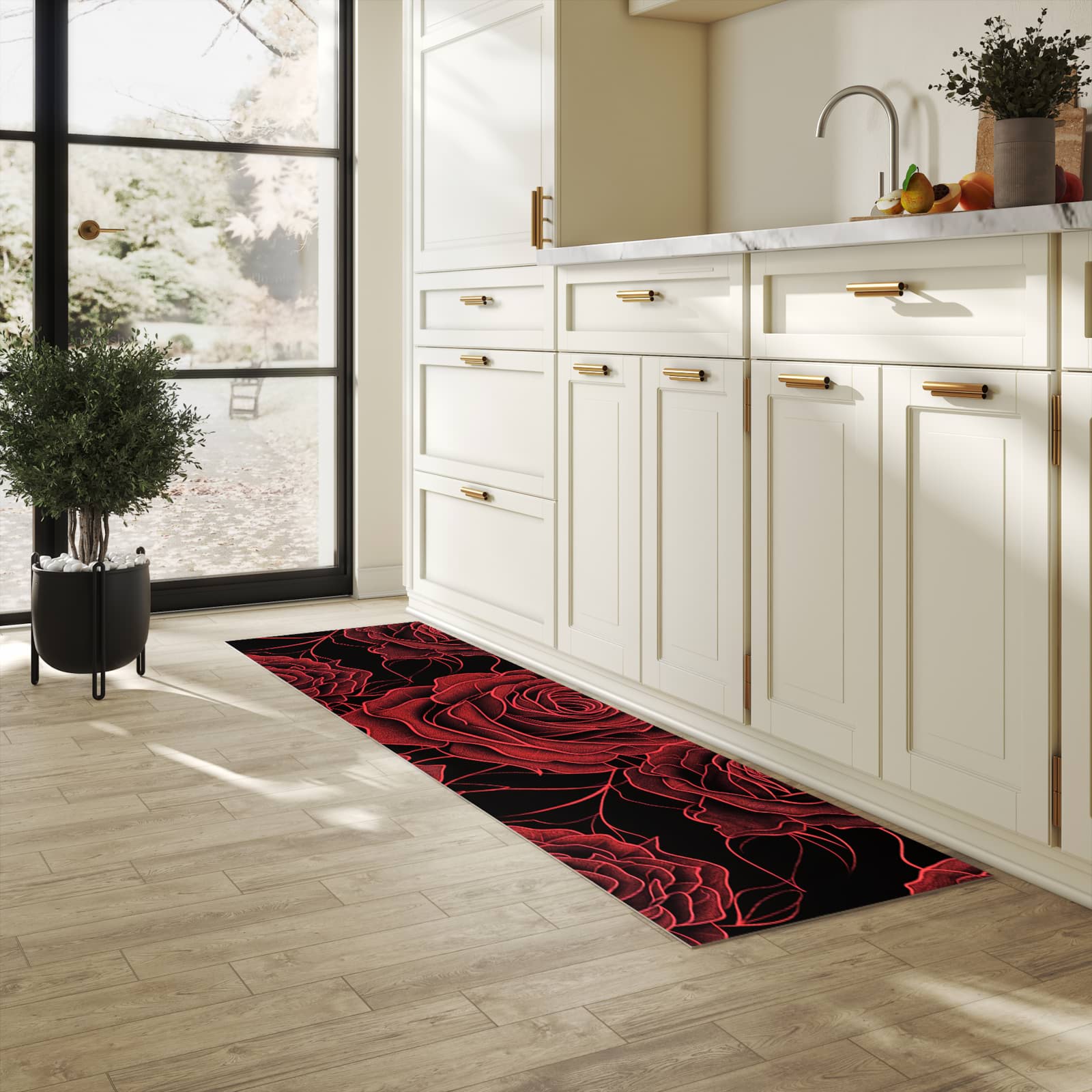 Rutschfester Küchenteppich mit Motiv Rosenmuster Schwarz in heller Küche schützt den Boden