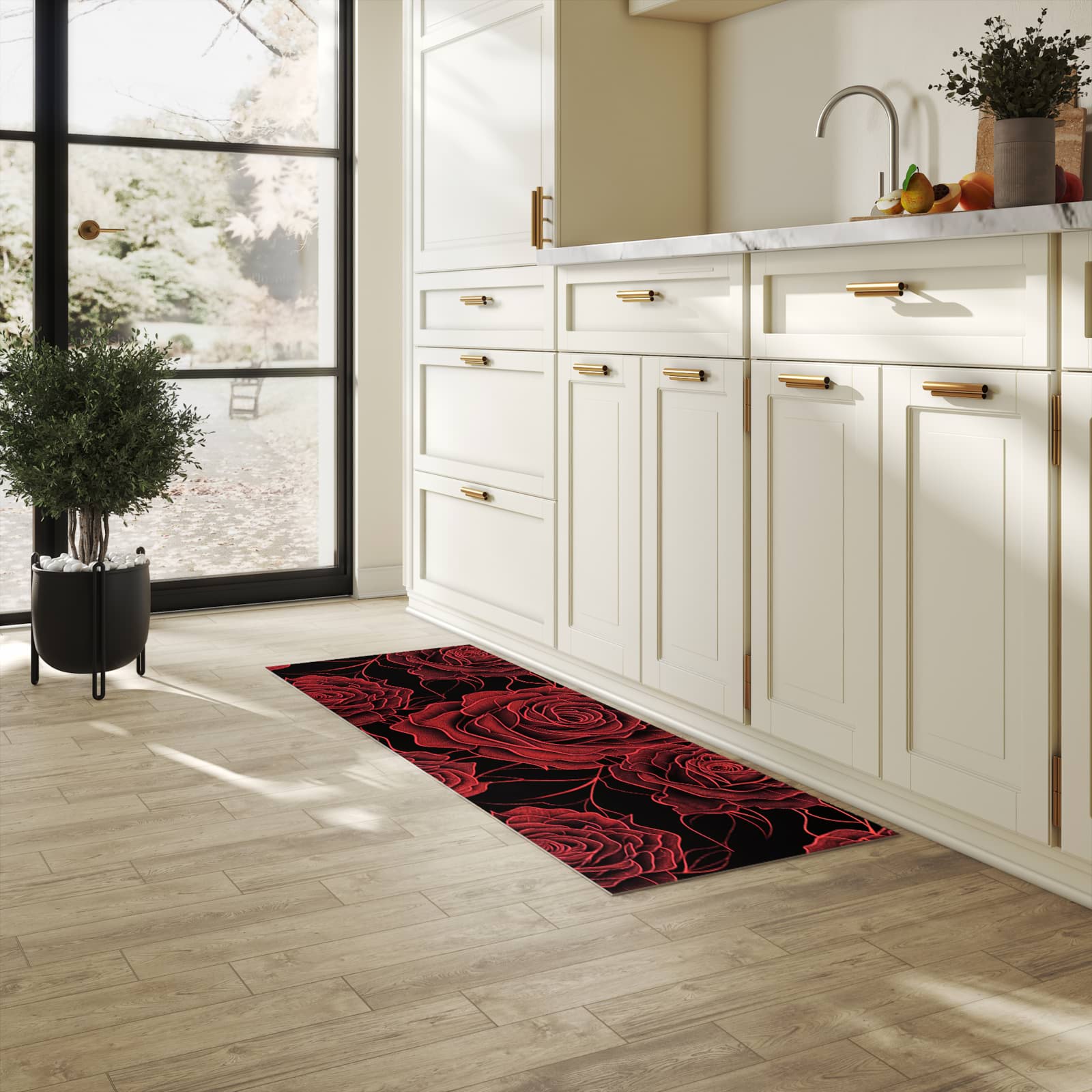 Feuchtigkeitsresistenter Küchenteppich mit Motiv Rosenmuster Schwarz in heller Küche