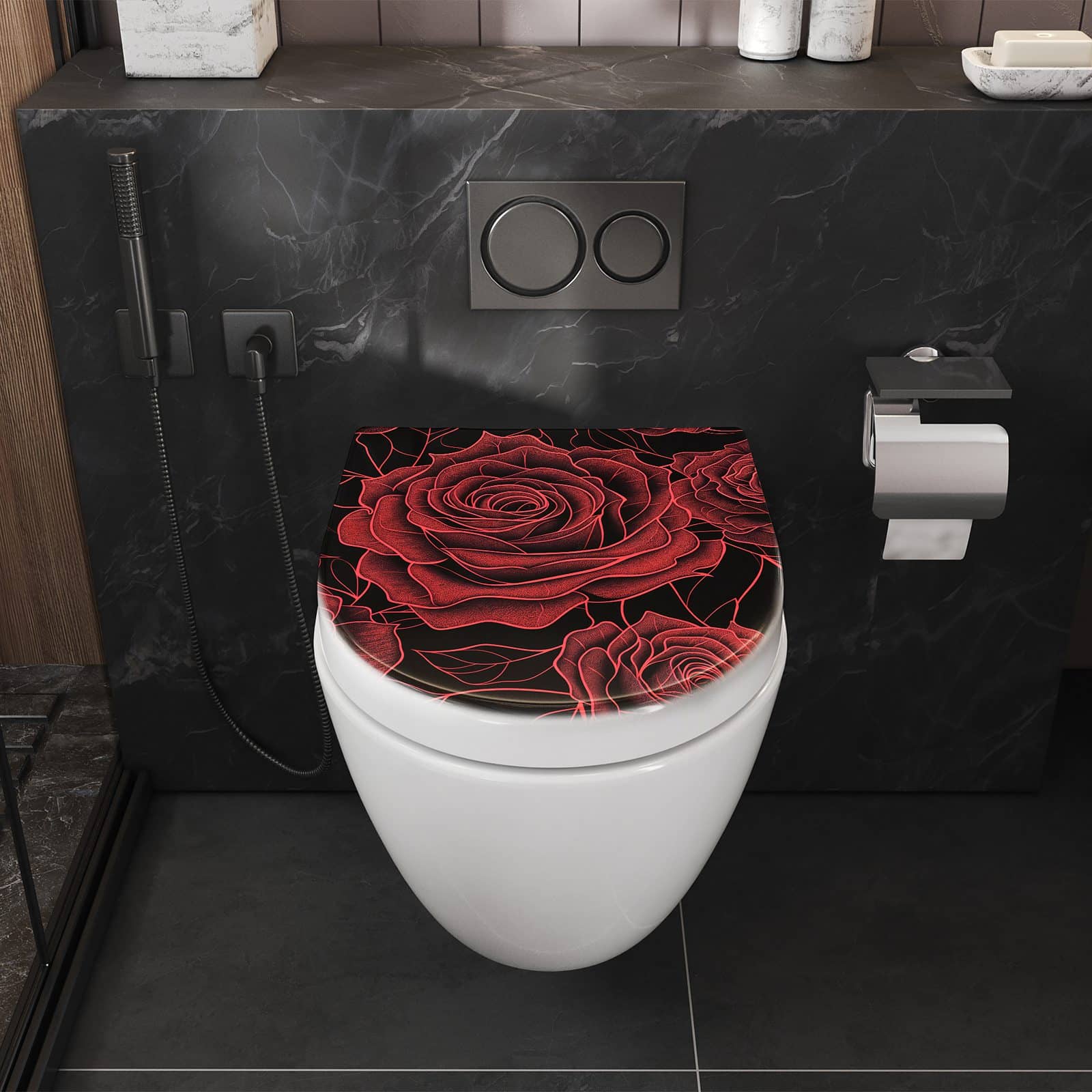 WC-Sitz mit Absenkautomatik Rosenmuster Schwarz