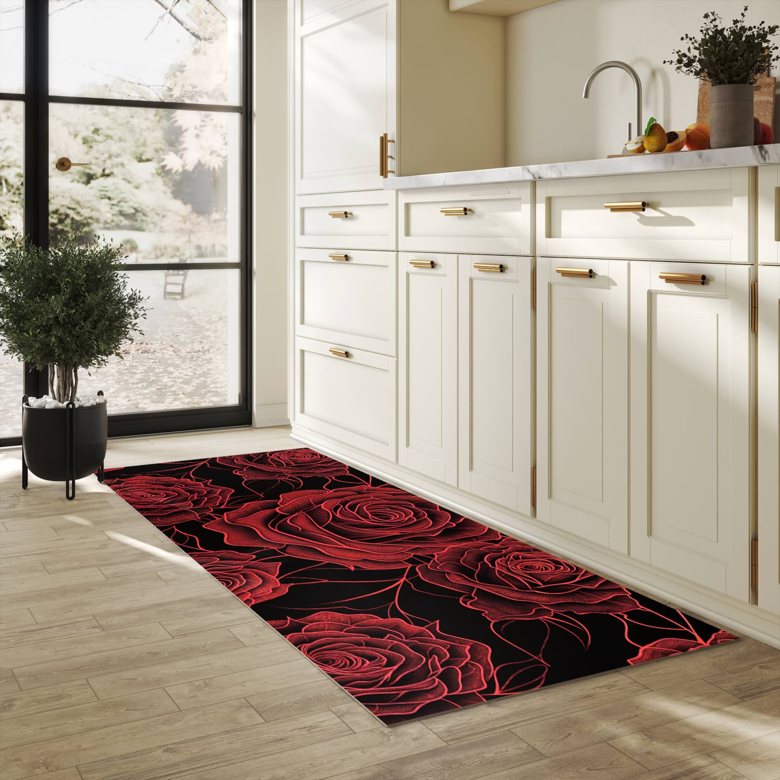 UV-beständiger Küchenläufer mit Motiv Rosenmuster Schwarz in heller Küche
