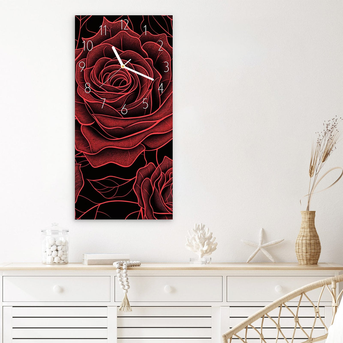 Wanduhr Rosenmuster Schwarz aus Glas – Skizzierte rote Rosen auf Schwarz