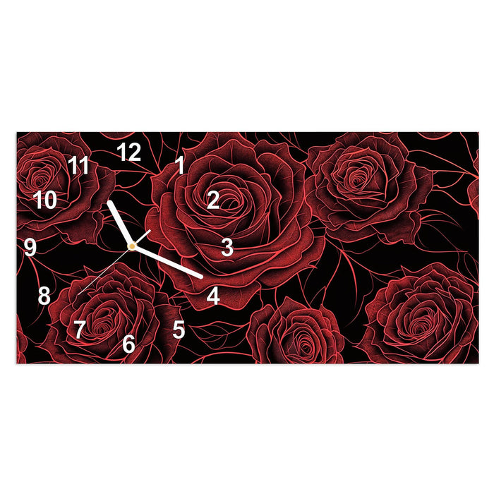 Wanduhr Rosenmuster Schwarz aus Glas – Querformat 60 × 30 cm mit Ziffernblatt Modern