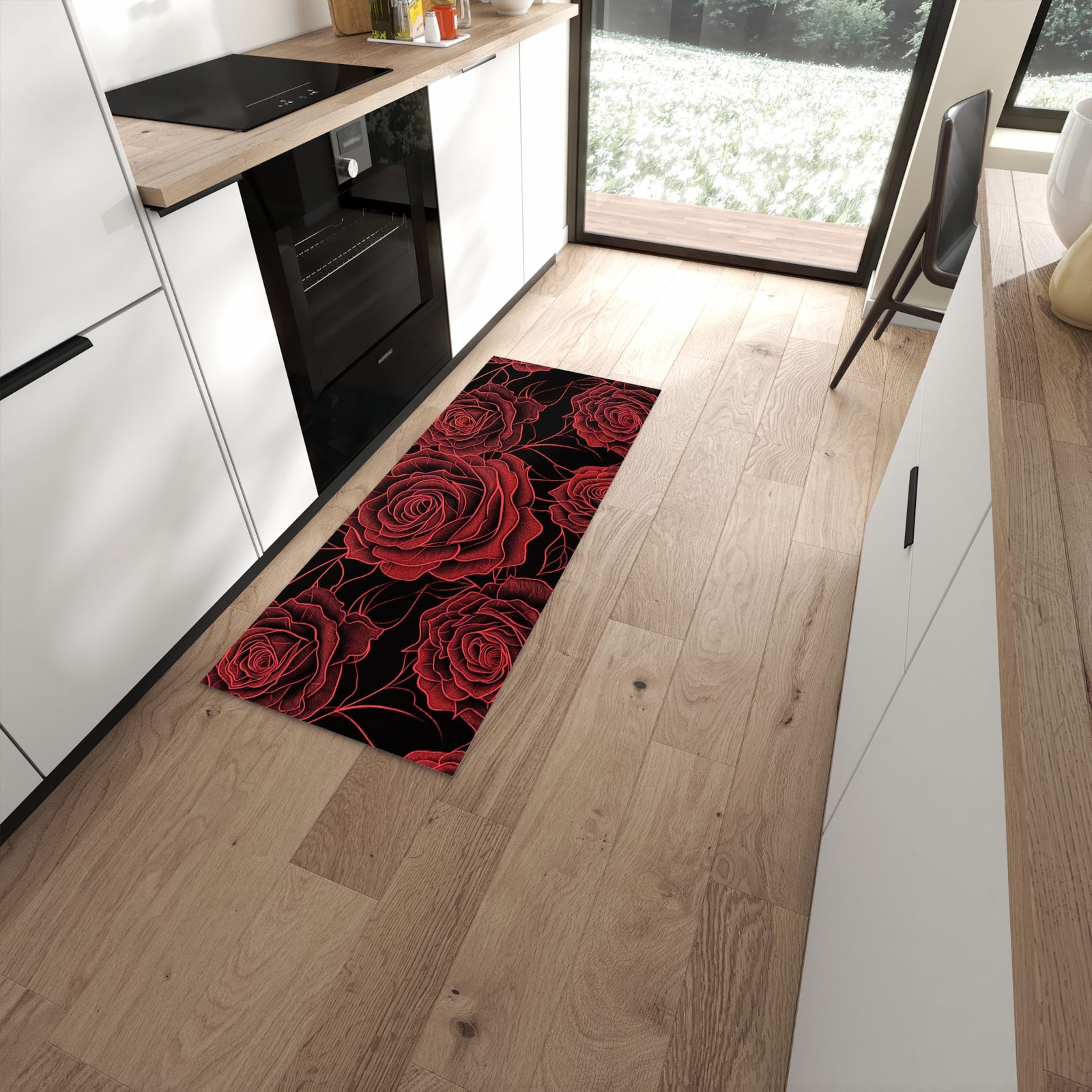 Schmutzabweisender Teppich für die Küche mit Motiv Rosenmuster Schwarz in moderner Küche #grösse_60 x 150 cm