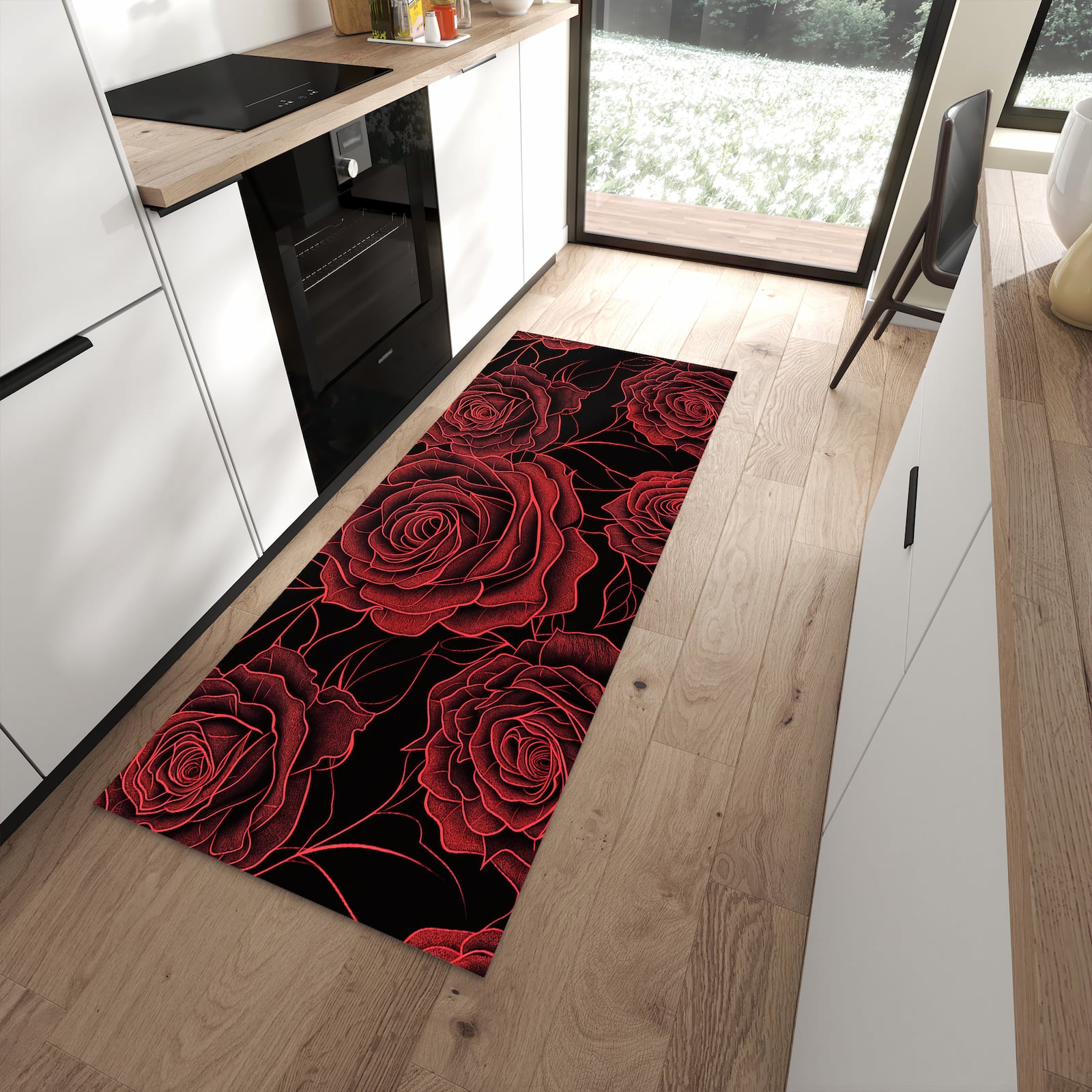 Rutschfester Küchenläufer mit Motiv Rosenmuster Schwarz in moderner Küche