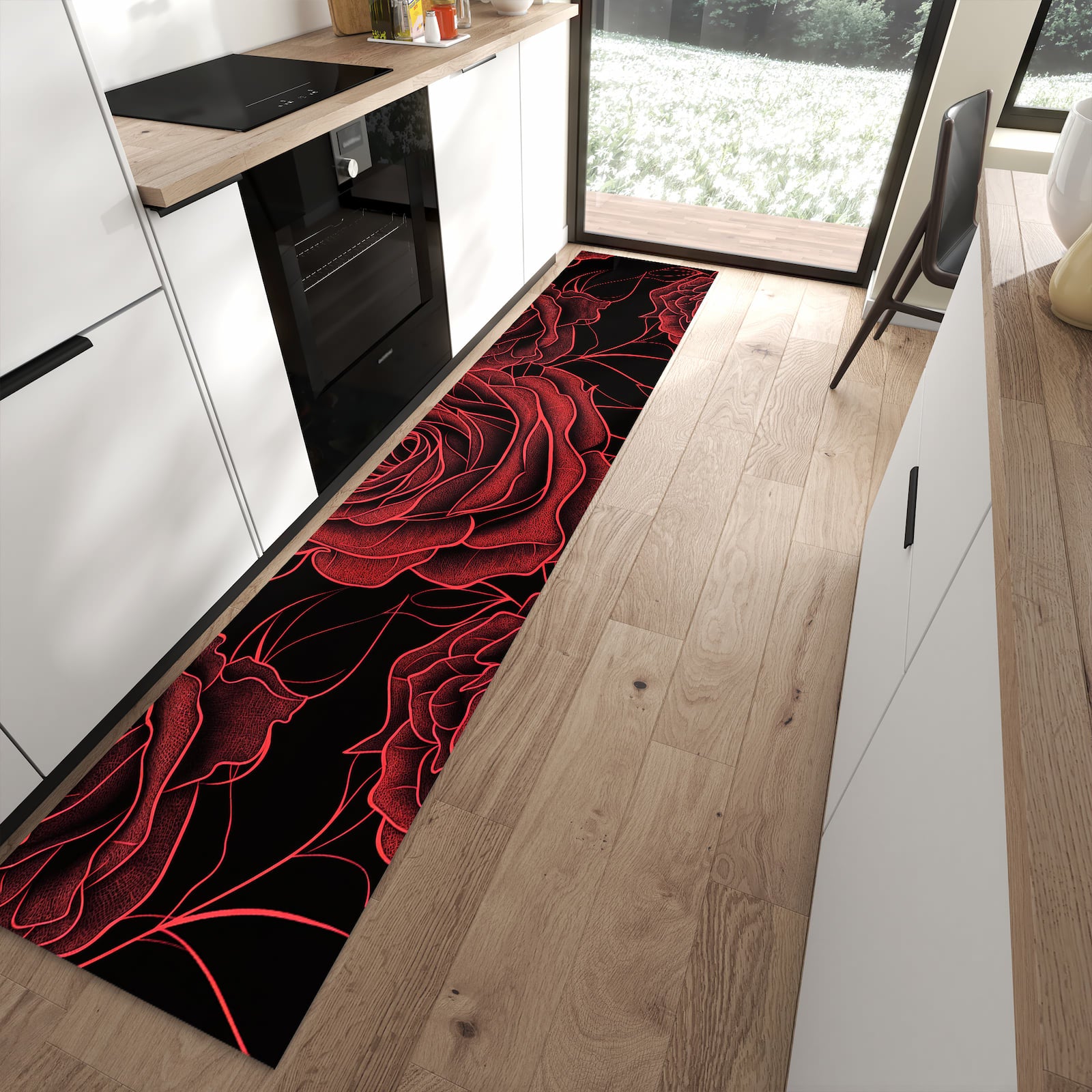 Pflegeleichter Läufer für die Küche mit Motiv Rosenmuster Schwarz in moderner Küche