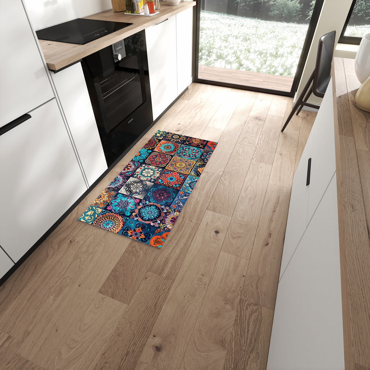 Feuchtigkeitsresistenter rutschfester Küchenläufer mit Motiv Mandala Mosaik Teppich in moderner Küche #grösse_60 x 120 cm