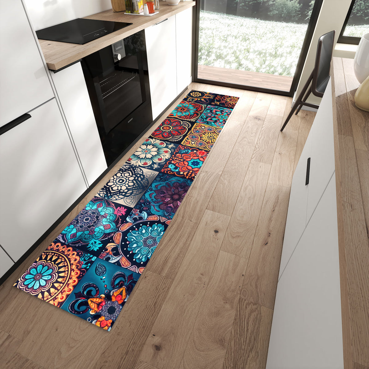Farbbeständiger Küchenläufer mit Motiv Mandala Mosaik Teppich in moderner Küche