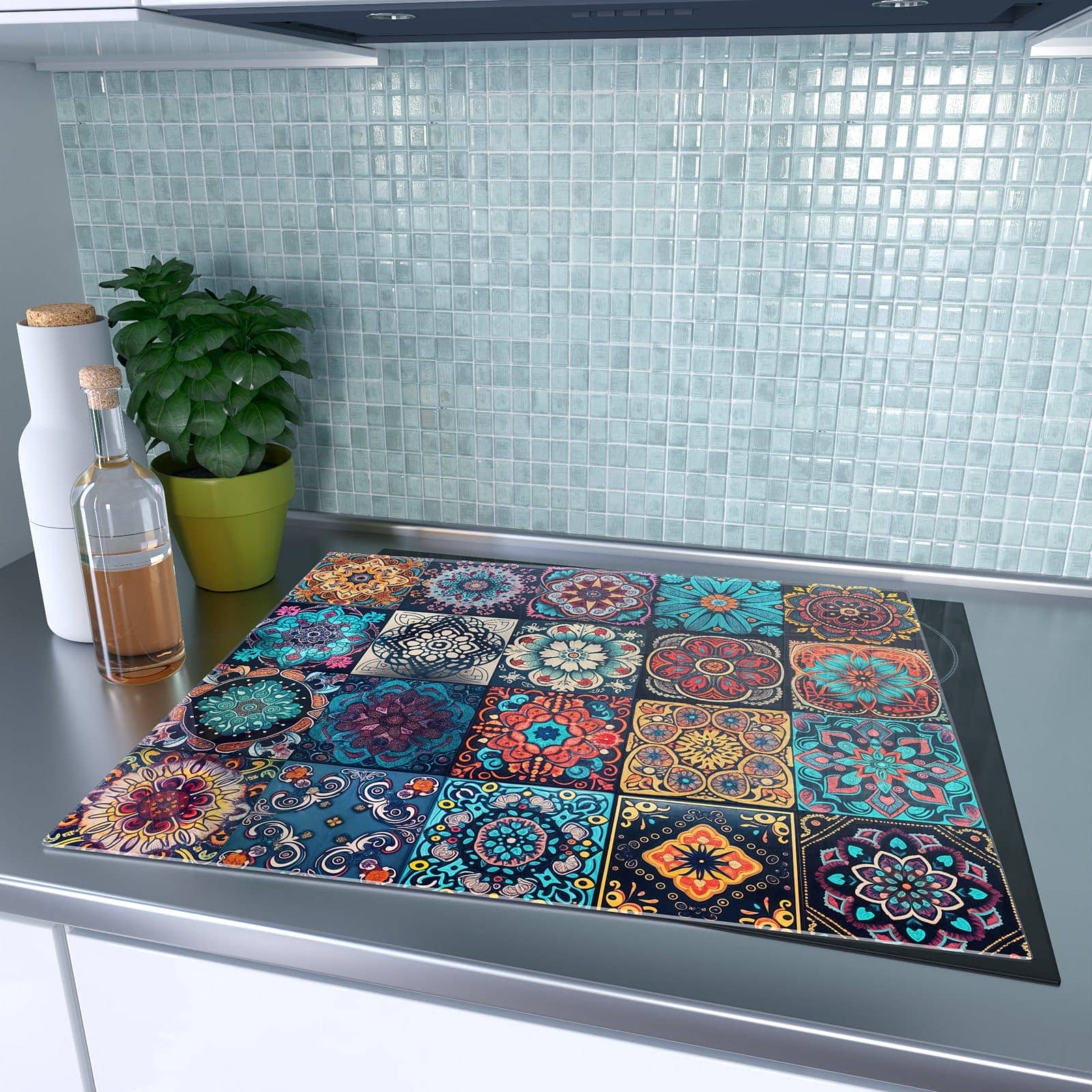 1-teilige Herdabdeckplatte für Ceranfeld mit Mandala Mosaik Teppich-Motiv in moderner Küche