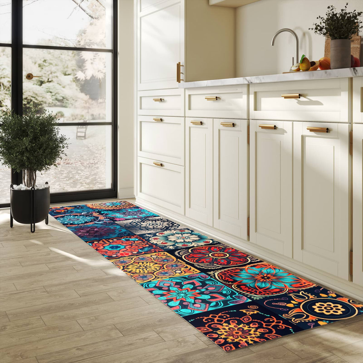 Hygienischer rutschfester Küchenteppich mit Motiv Mandala Mosaik Teppich in heller Küche