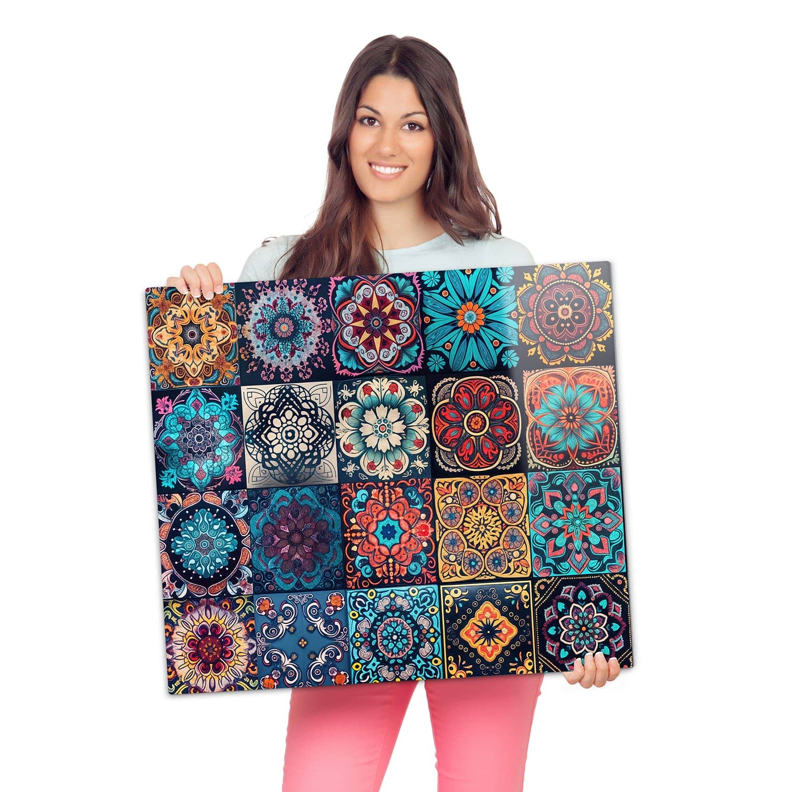 2-teilige Herdabdeckplatte aus Glas mit Mandala Mosaik Teppich-Motiv als Spritzschutz hinter dem Kochfeld