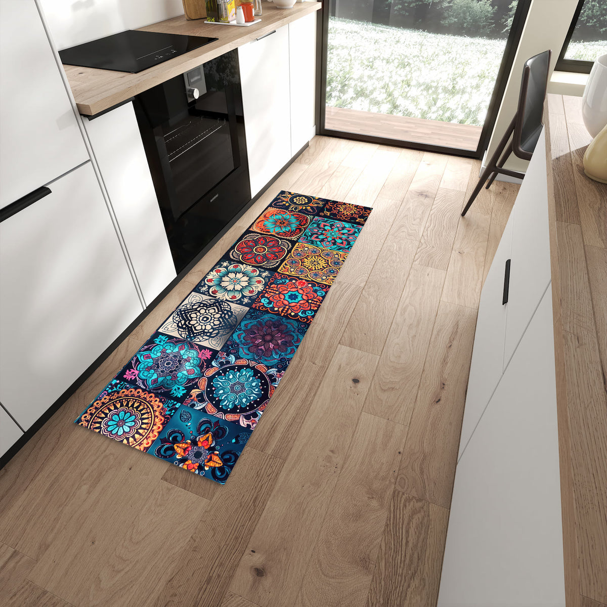 Waschbarer Küchenläufer mit Motiv Mandala Mosaik Teppich für Ordnung in moderner Küche