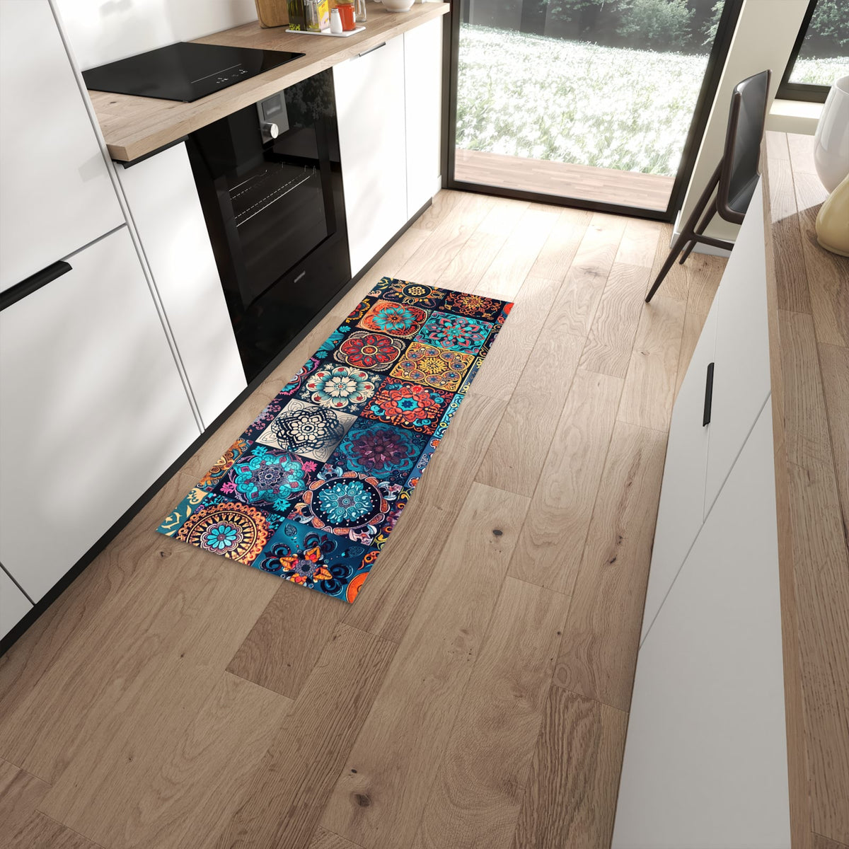 Bodenschonender rutschfester Küchenläufer mit Motiv Mandala Mosaik Teppich in moderner Küche #grösse_60 x 150 cm