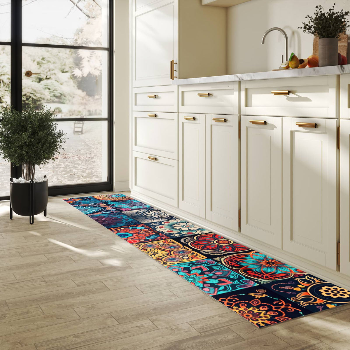 Pflegeleichter dünner Teppich mit Motiv Mandala Mosaik Teppich in heller Küche