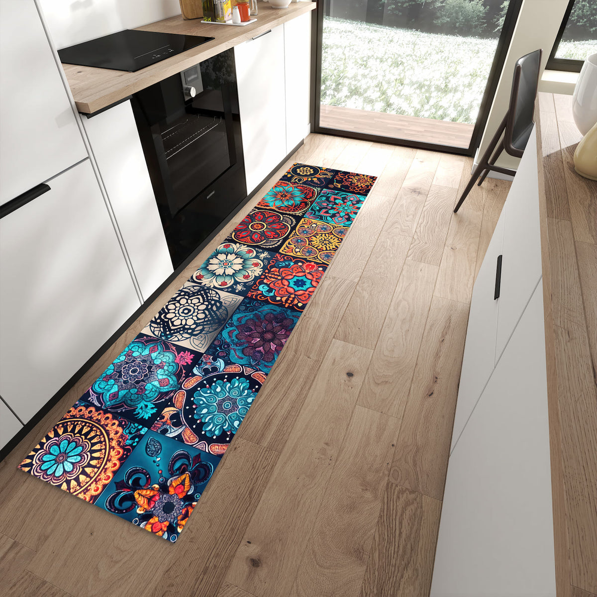 Bodenschonender rutschfester Küchenläufer mit Motiv Mandala Mosaik Teppich in moderner Küche
