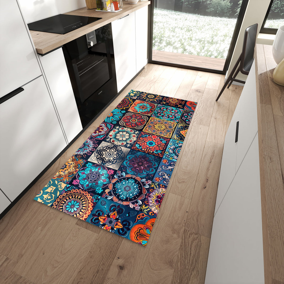 Komfortabler Küchenteppich mit Motiv Mandala Mosaik Teppich in moderner Küche