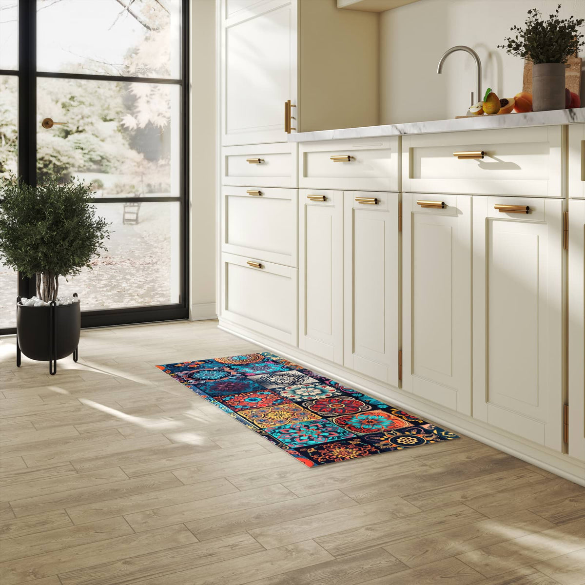 Schmutzabweisender waschbarer Küchenläufer mit Motiv Mandala Mosaik Teppich in heller Küche