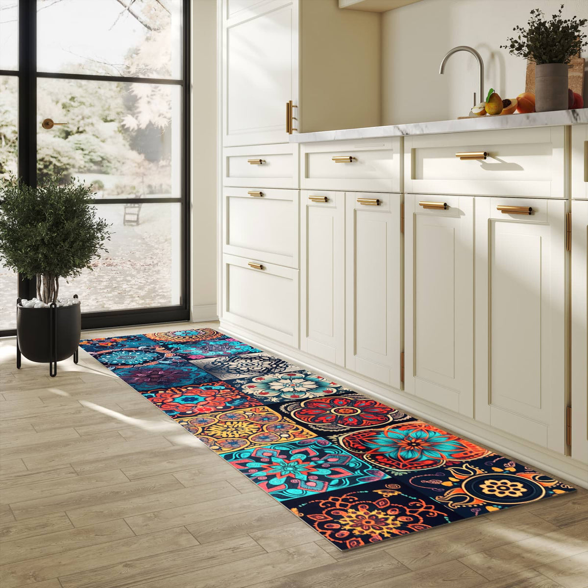 Küchenteppich mit angenehmer Haptik und Motiv Mandala Mosaik Teppich in heller Küche, waschbar