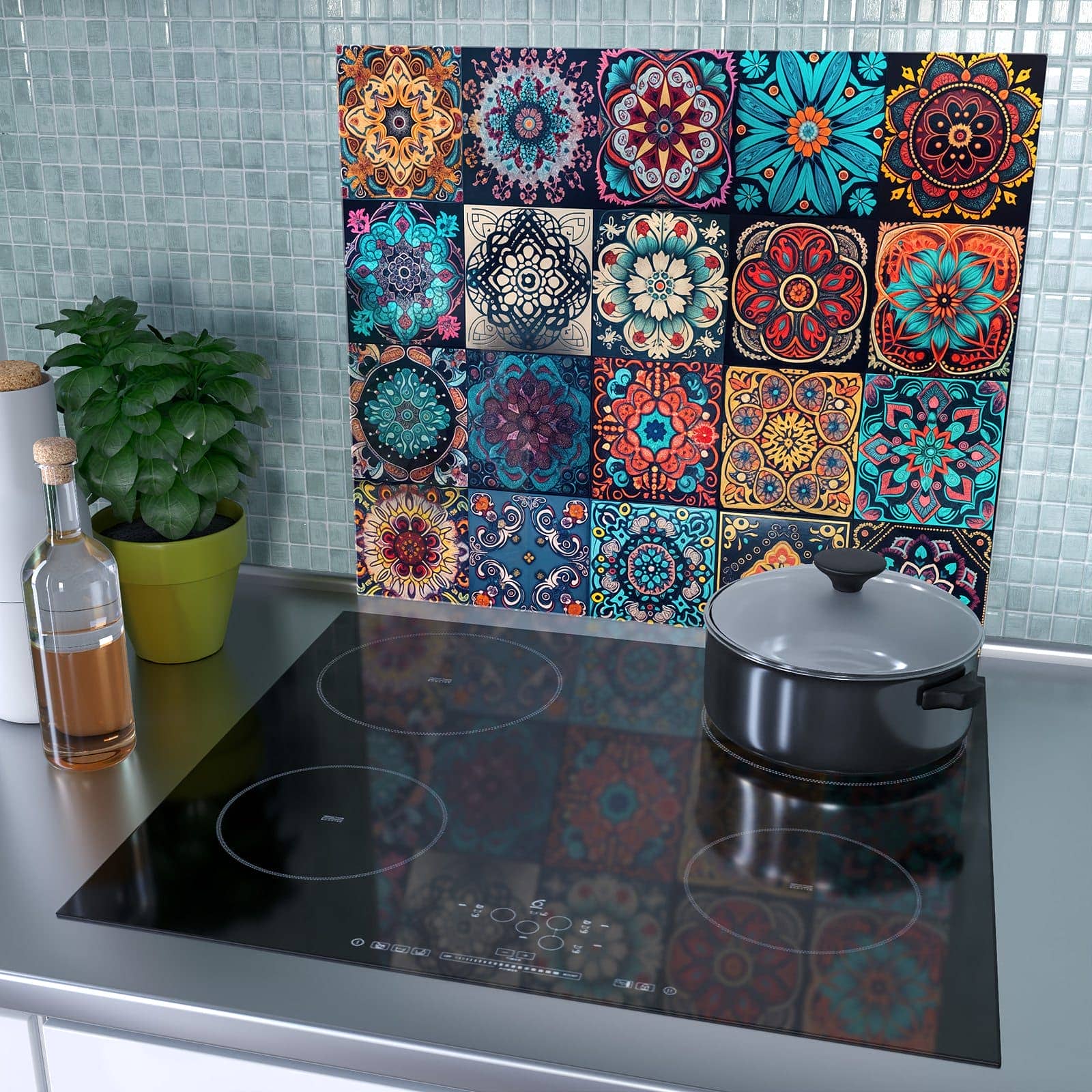 2-teilige Abdeckplatten für Ceranfeld mit Mandala Mosaik Teppich-Motiv auf dem Ceranfeld