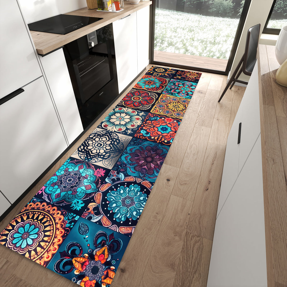 UV-beständiger Küchenteppich mit Motiv Mandala Mosaik Teppich in moderner Küche